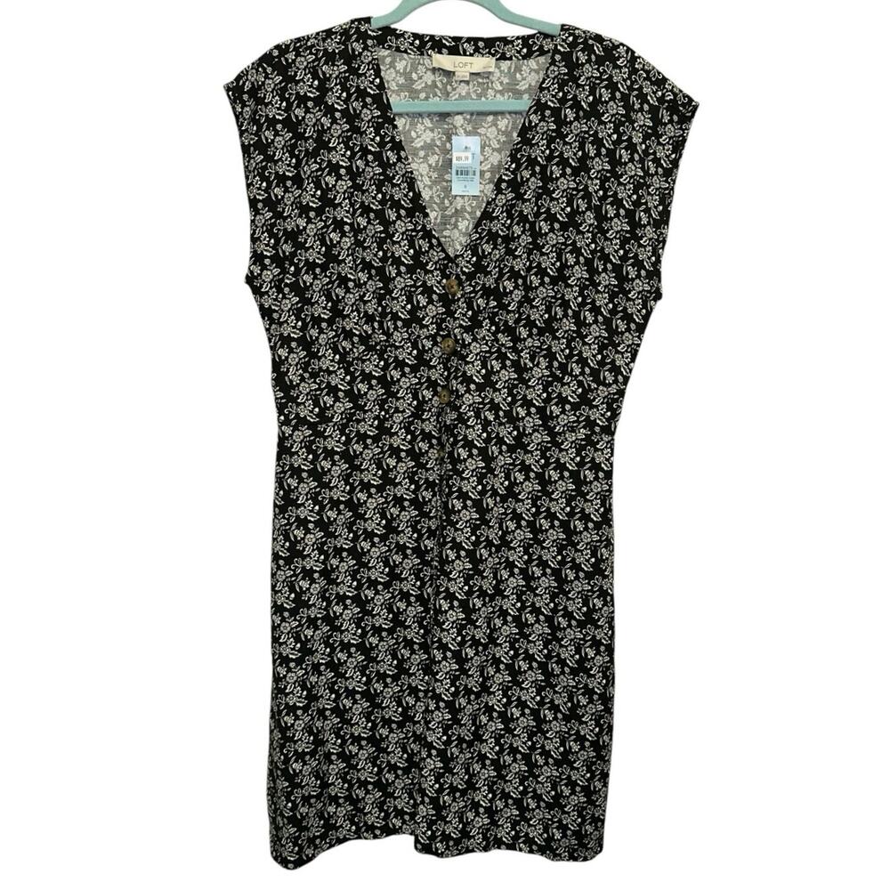 LOFT Petite 8‎ NWT Black Floral Button Front Dress Sleeveless V Neck Mini Dress